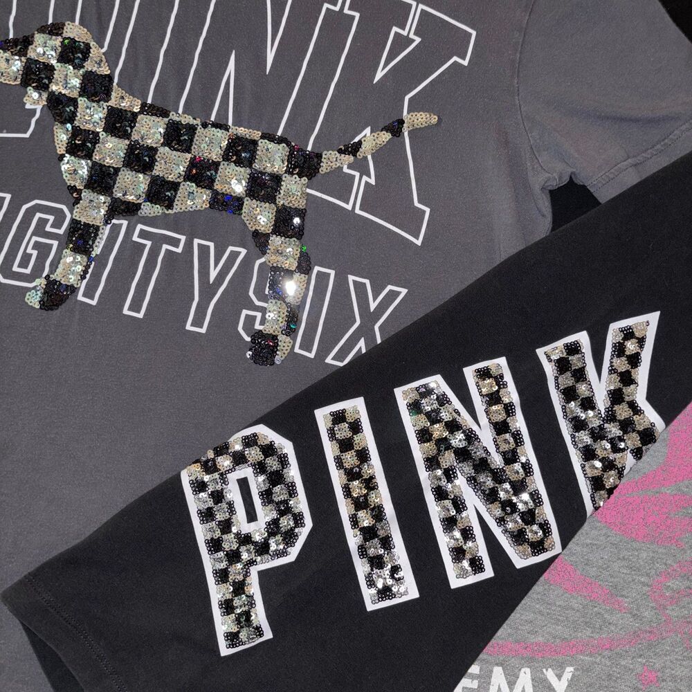Victoria’s Secret PINK Checker Sequin Bling Shirt & Rare Foldover Flares MD